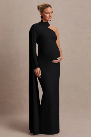 Club L London Black Asymmetric-Neck Maternity Maxi Dress With Cape-Sleeve