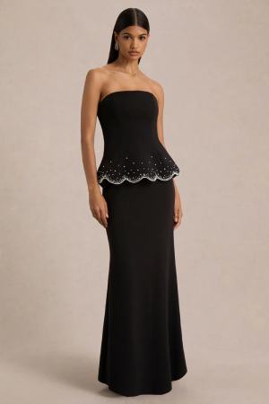 Club L London Black Hand-Embellished Strapless Corset Maxi Dress