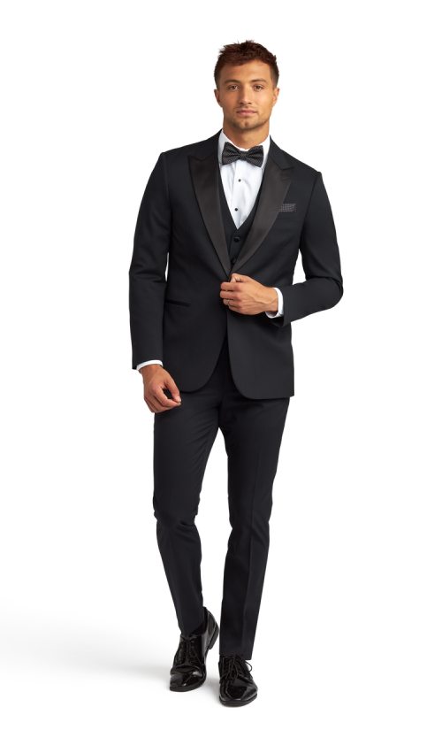 black peak lapel performance tuxedo