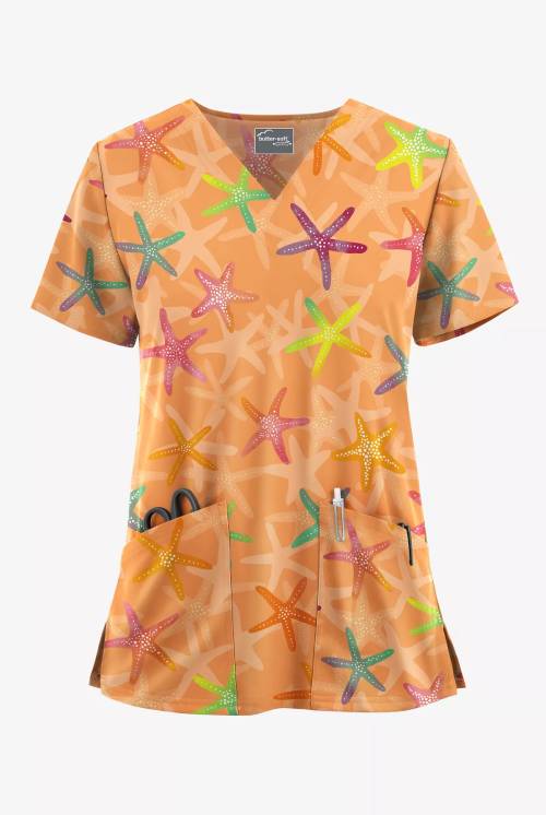 Butter-Soft STRETCH Seastar Symphony Peach Creamsicle Women's 2-Pocket V-Neck Print Scrub Top