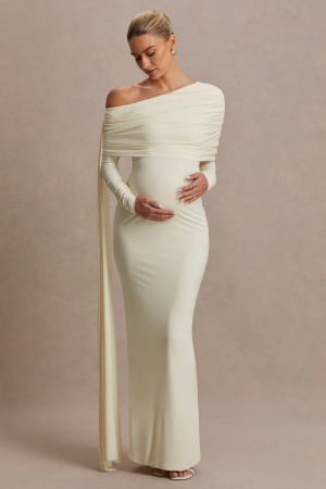 Club L London Cream Bardot-Neck Maternity Maxi Dress With Sash