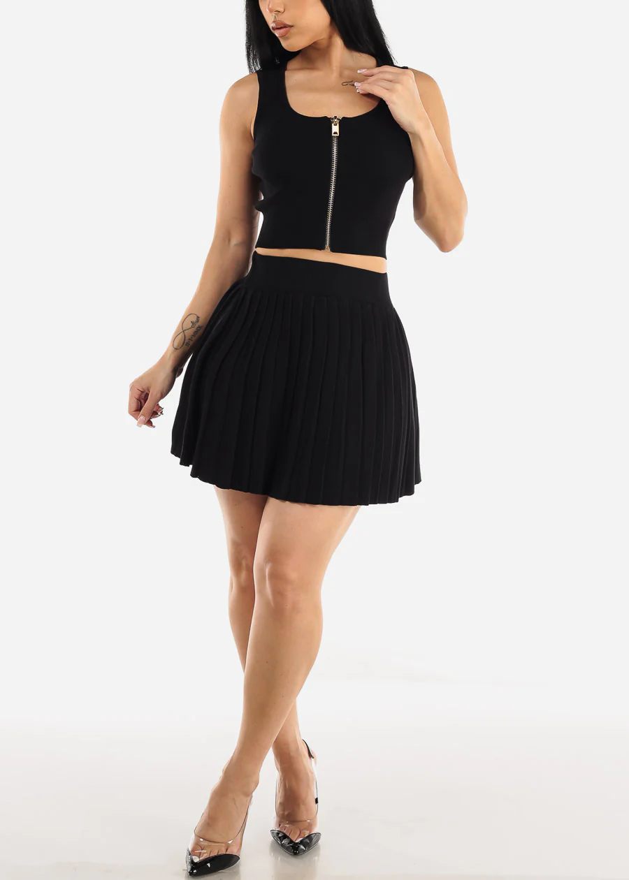 Moda Xpress Knit Crop Top & Pleated Mini Skirt Black