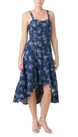 Badgley Mischka Rose Print High Low Denim Dress